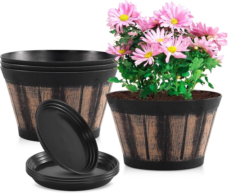 Quarut 8 inch Brown Plastic Whiskey Barrel Plant Pots Set of 4 with Drainage Holes and Saucer for Indoor and Outdoor Garden Home Plants - Image 1
